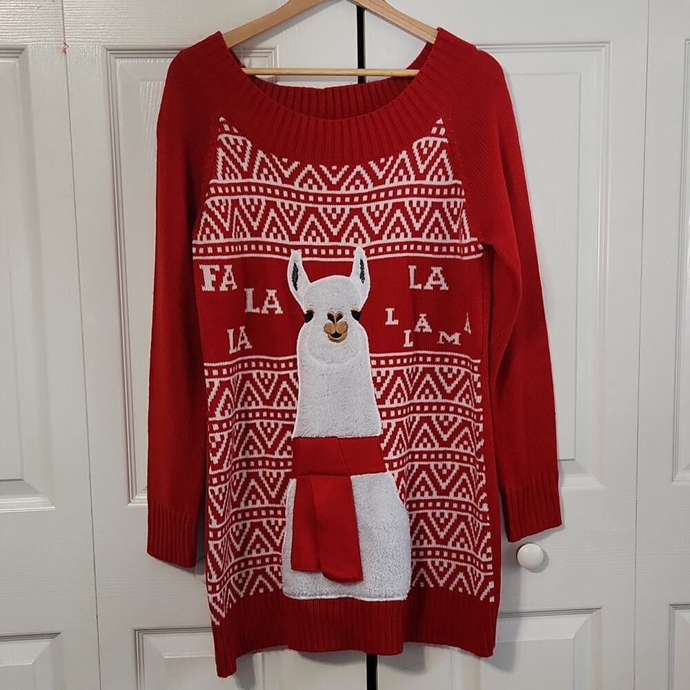 Holiday Time Womens Red White Llama Tunic Sweater/Dress Size Med‎ Christmas